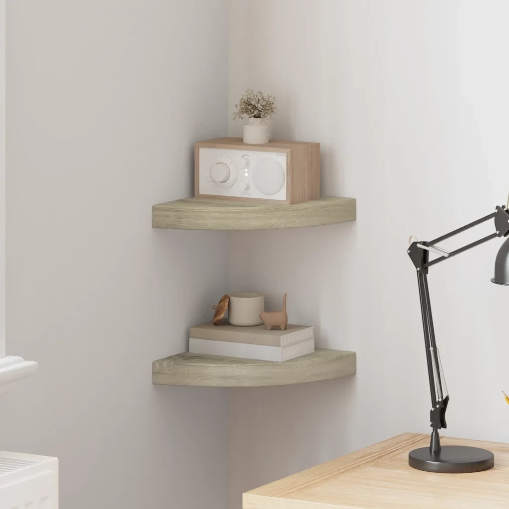 Scaffali Angolari a Parete 2 pz Rovere 25x25x3,8 cm MDF