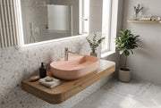 Lavabo ovale da appoggio senza troppo pieno in ceramica con foro rubinetto - Salmone Opaco