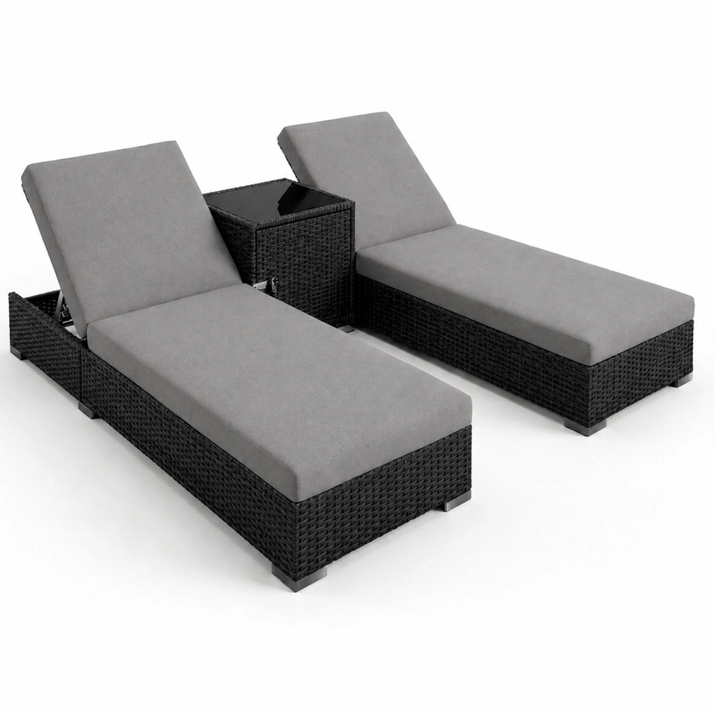 Set 2 Lettini Prendisole In Polyrattan Con Tavolino Contenitore E Cuscini Schienale Regolabile 5 Posizioni Sdraio Da Giardino Terrazzo Piscina Relax Outdoor Arredo Esterno 184 x 60 x 21 Cm Nero E Grigio
