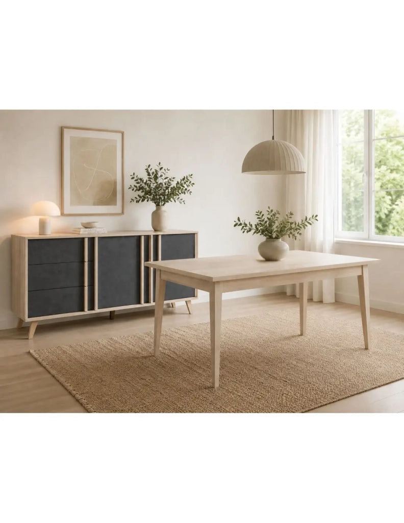 Sala da pranzo completa MALMO con tavolo 6 posti 160 cm e buffet 165 cm - Rovere chiaro e grigio