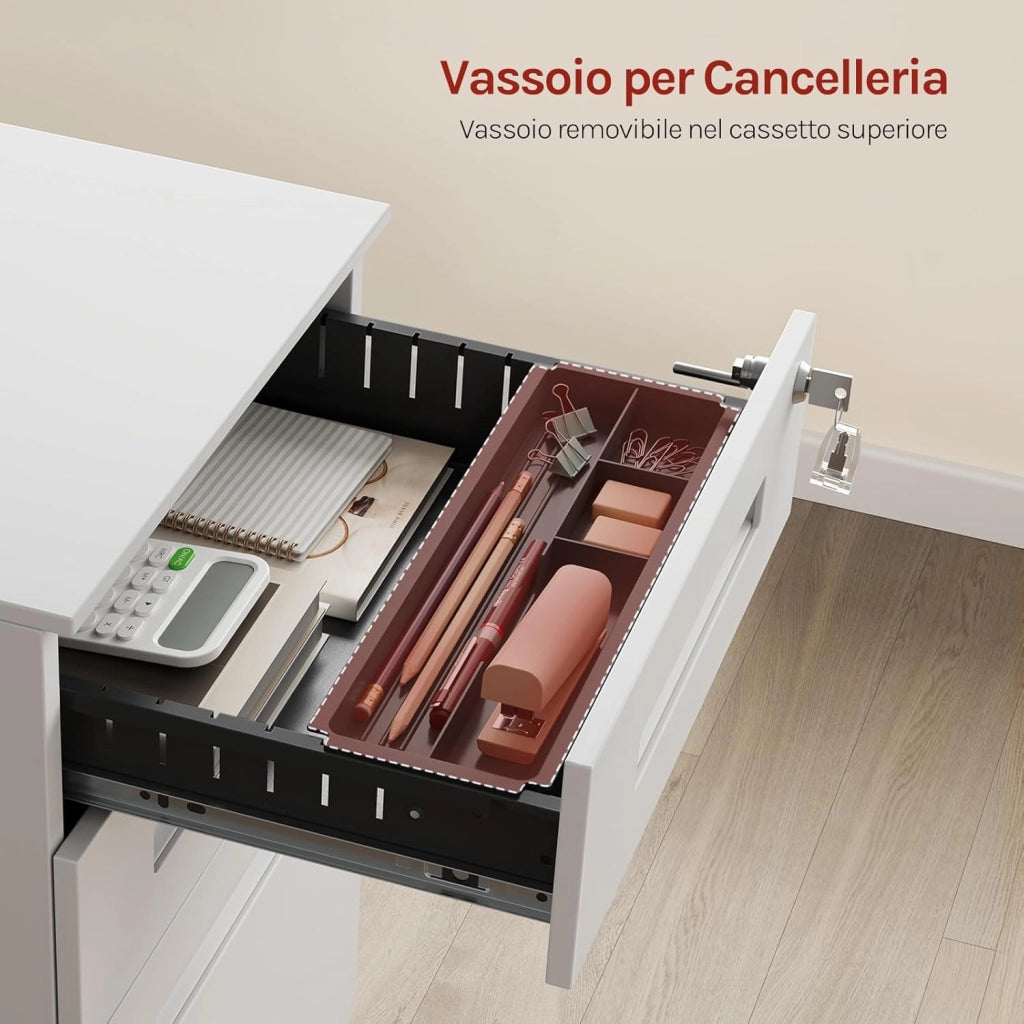 Cassettiera da Ufficio Scrivania Studio con Rotelle Mobiletto con 3 Cassetti e Serratura per Documenti Cartelle Sospese Cancelleria, Pre-Assemblato, metallo Bianco