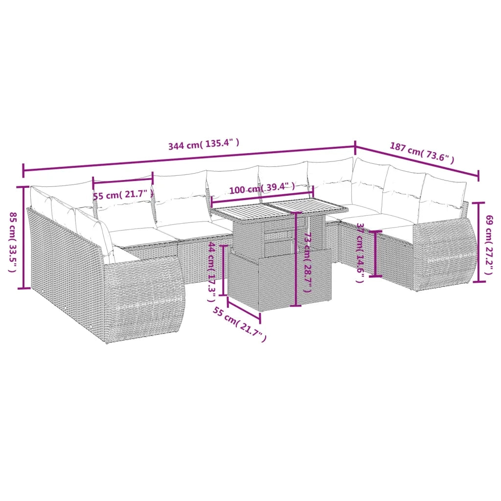 Set Divani da Giardino 11 pz con Cuscini in Polyrattan Grigio 3272369