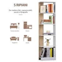 Scaffale Libreria a Parete in Legno Color Rovere e Bianco con 5 Ripiani, Antiribaltamento, 45 x 21 x 170cm