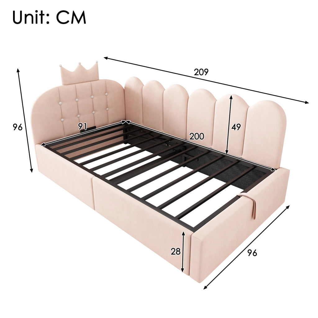 Letto contenitore per bambini 90 × 200 cm con sollevamento idraulico, senza materasso, in velluto rosa