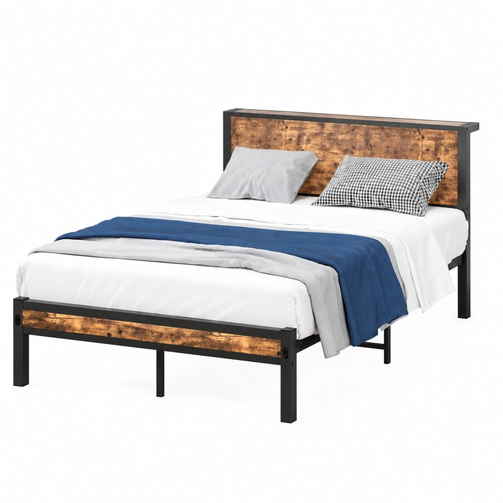 Letto singolo 120x200 cm in metallo e MDF con testiera contenitore, marrone anticato e nero