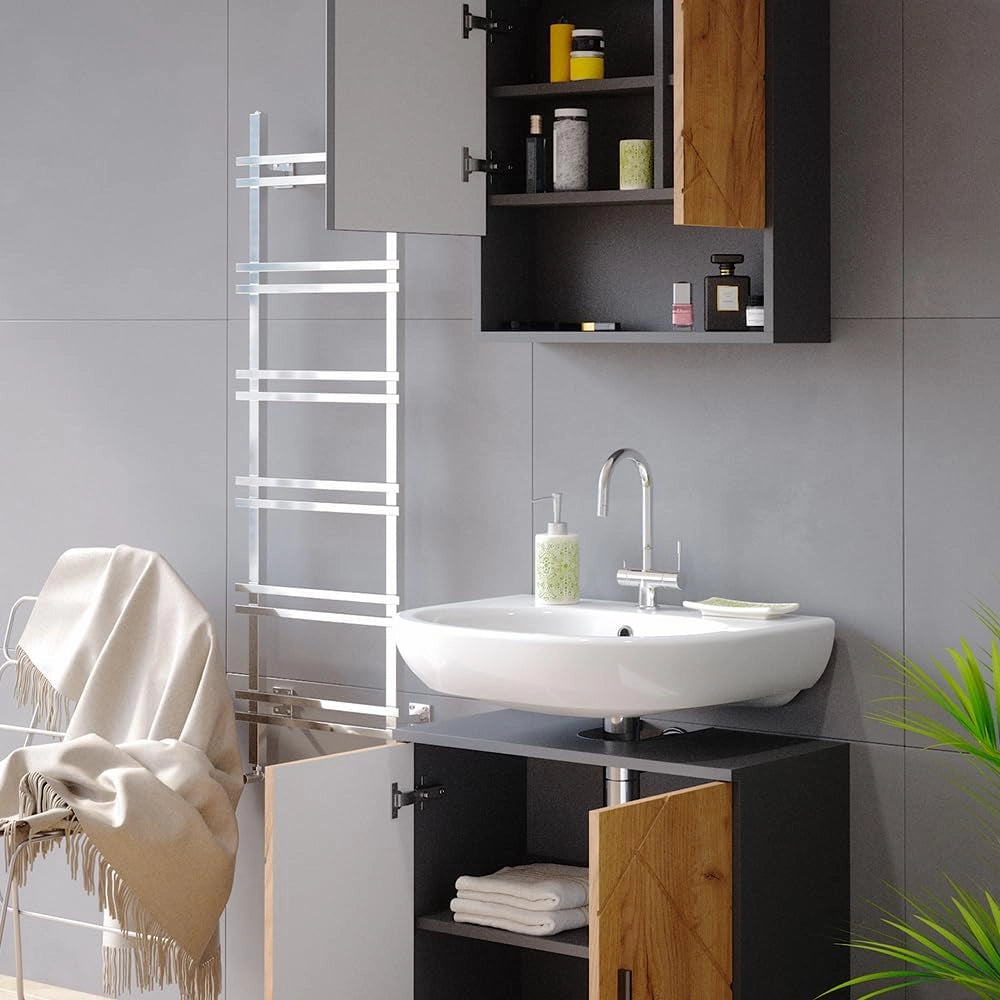 Set mobili bagno Irma, Quercia dorata/antracite, 80 cm, composto da specchio da bagno e mobile sottolavabo