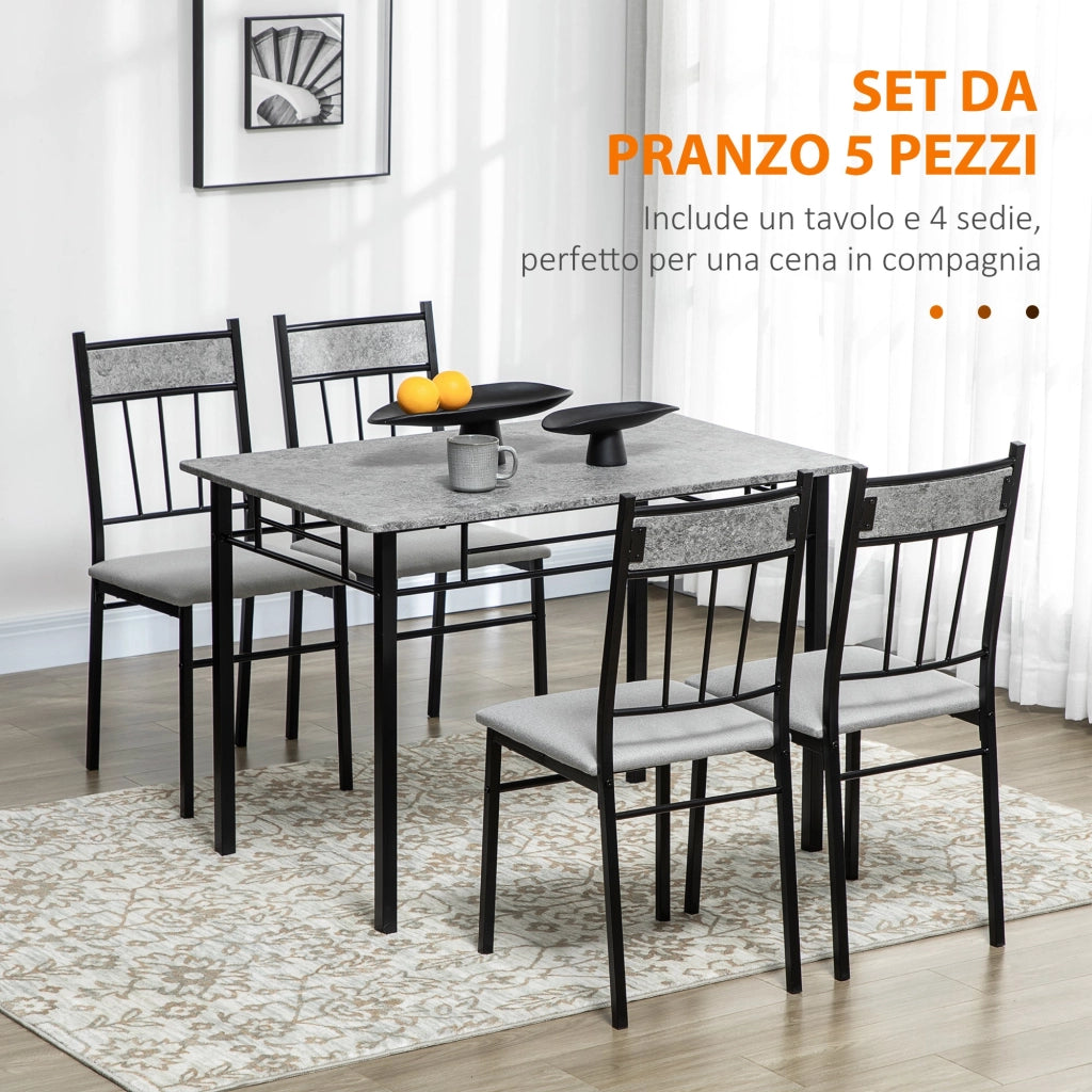 Set da Pranzo Tavolo e 4 Sedie Seduta Imbottita in Metallo e MDF Grigio e Nero