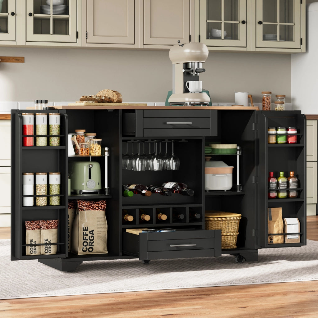 Carrello cucina con piano pieghevole e portabottiglie