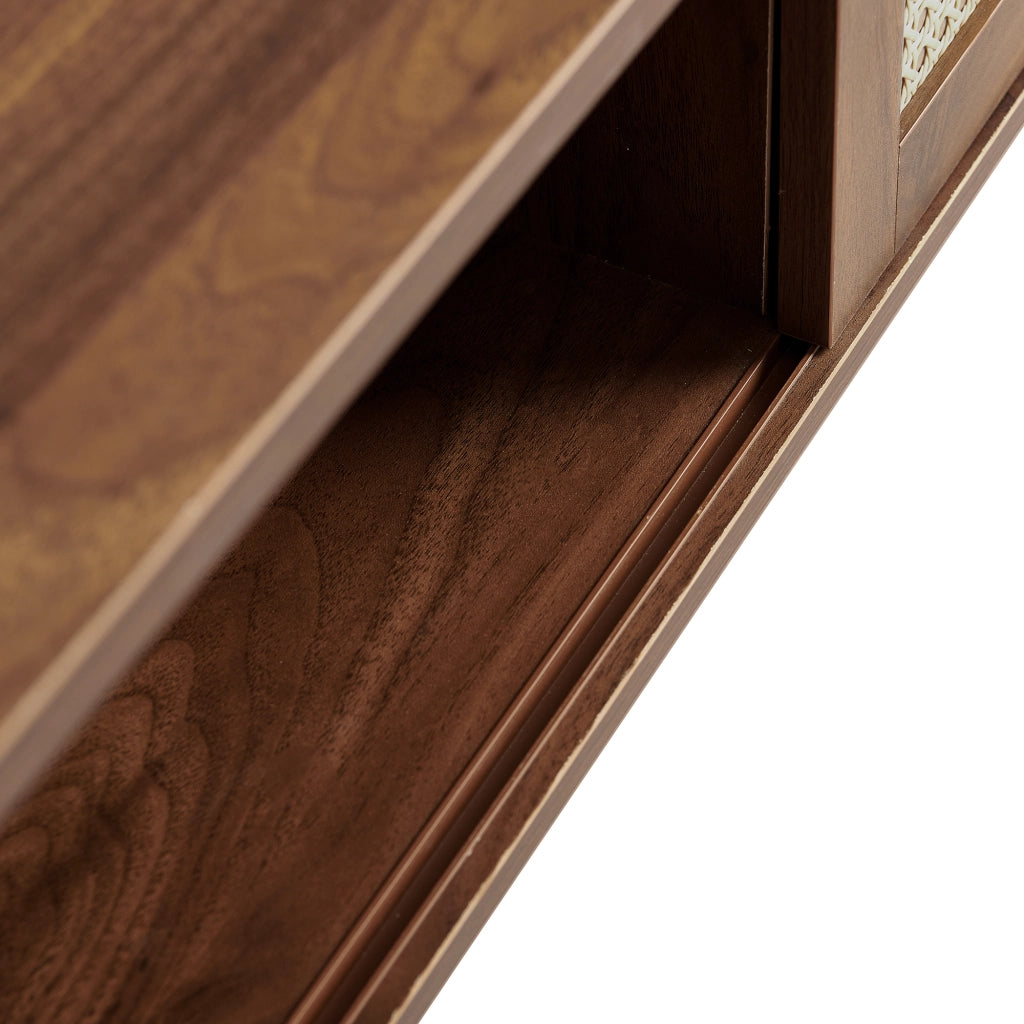 Tavolino da salotto in rattan con porta scorrevole; gambe in legno massello; stile naturale; per soggiorno; marrone; MDF