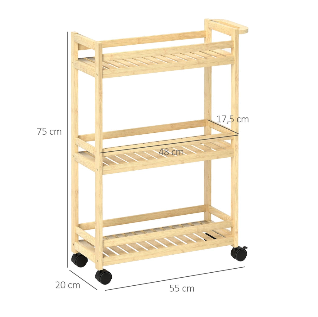 Carrello multiuso 55x20x75 cm a 3 ripiani con manico e ruote in bambù naturale