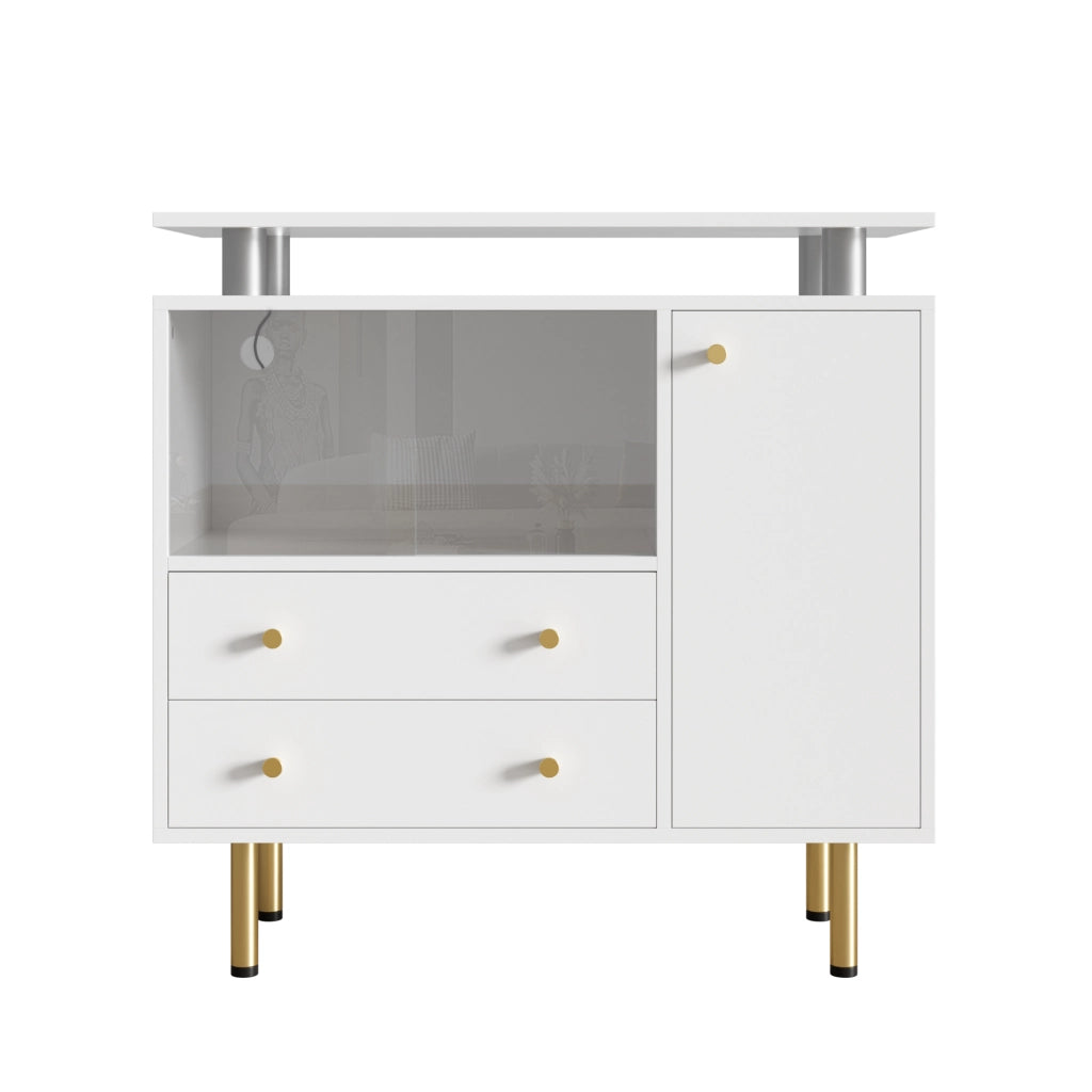 Madia moderna con illuminazione LED, 2 ante in vetro, 2 cassetti e 1 anta, bianca, 80 x 35 x 80 cm
