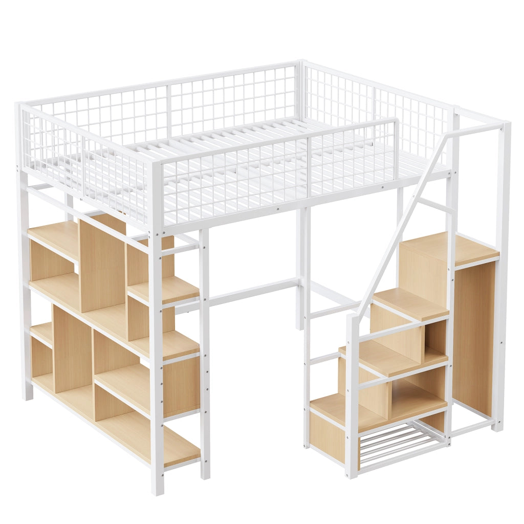 OKWISH Letto a Soppalco 140×200 cm, Letto Matrimoniale con Scala Contenitore, Mensole e Vani Portaoggetti, senza Materasso, Metallo e Legno, Bianco