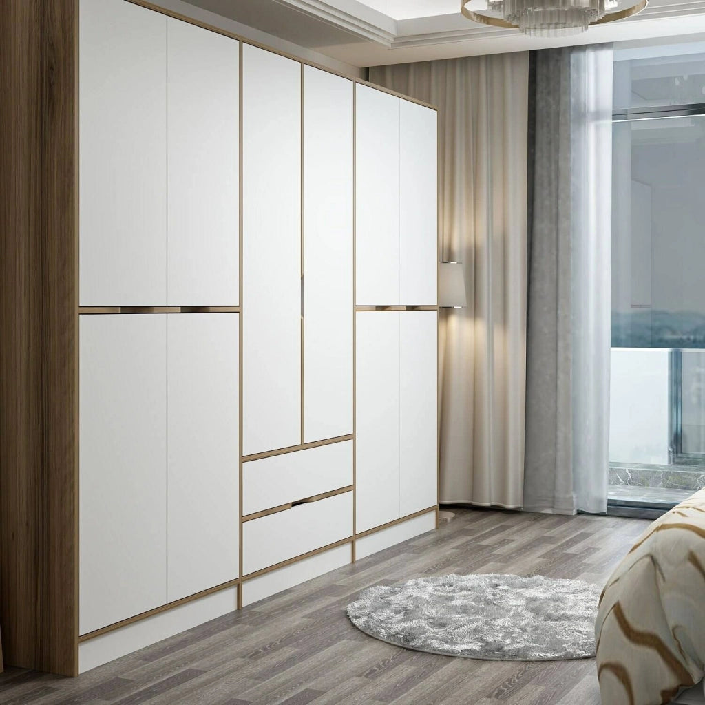 Armadio Camera da Letto Gaspard, Guardaroba Grande Appendiabiti, 277x208h cm Bianco e Marrone noce\