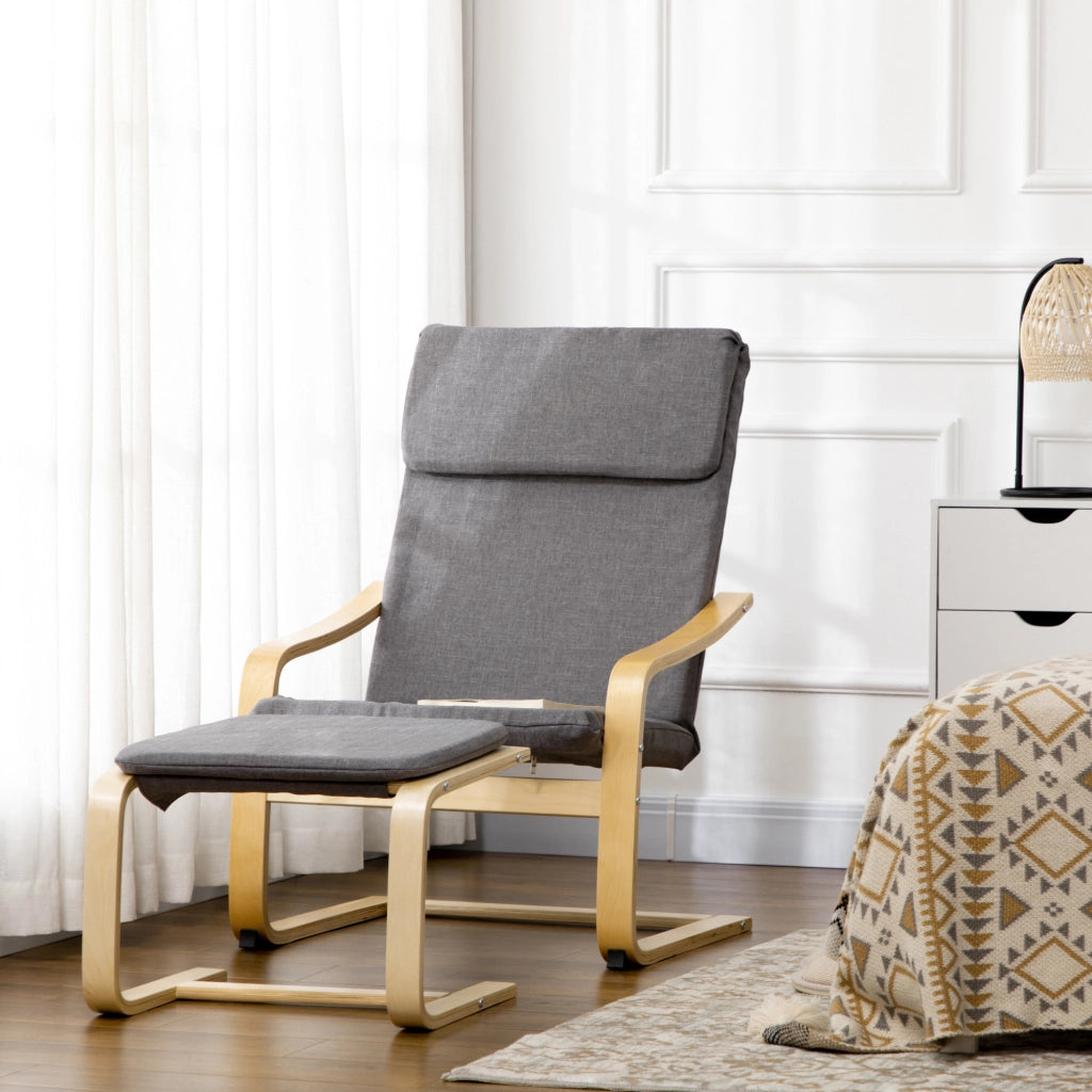 Poltrona relax con poggiapiedi, rivestimento effetto lino grigio, struttura in legno, per soggiorno e camera da letto