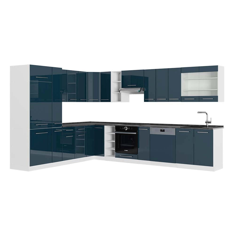 Cucina angolare completa Fame-Line Blu scuro lucido/Bianco 347 x 60 cm, PL Antracite Vicco
