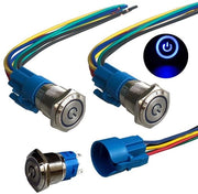 Interfaccia di accensione a pulsante bloccabile per auto, 19mm, LED blu, IP67 impermeabile - Set da 3 pezzi