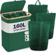 Asciugatrice con coperchio 3 cassetti 160L Raccogliasciuga con 3 asciugamani Grande cassetto per la stesura dei panni Cassettiera in legno di bambù Cestelli per asciugare grandi, verde