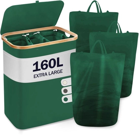 Asciugatrice con coperchio 3 cassetti 160L Raccogliasciuga con 3 asciugamani Grande cassetto per la stesura dei panni Cassettiera in legno di bambù Cestelli per asciugare grandi, verde