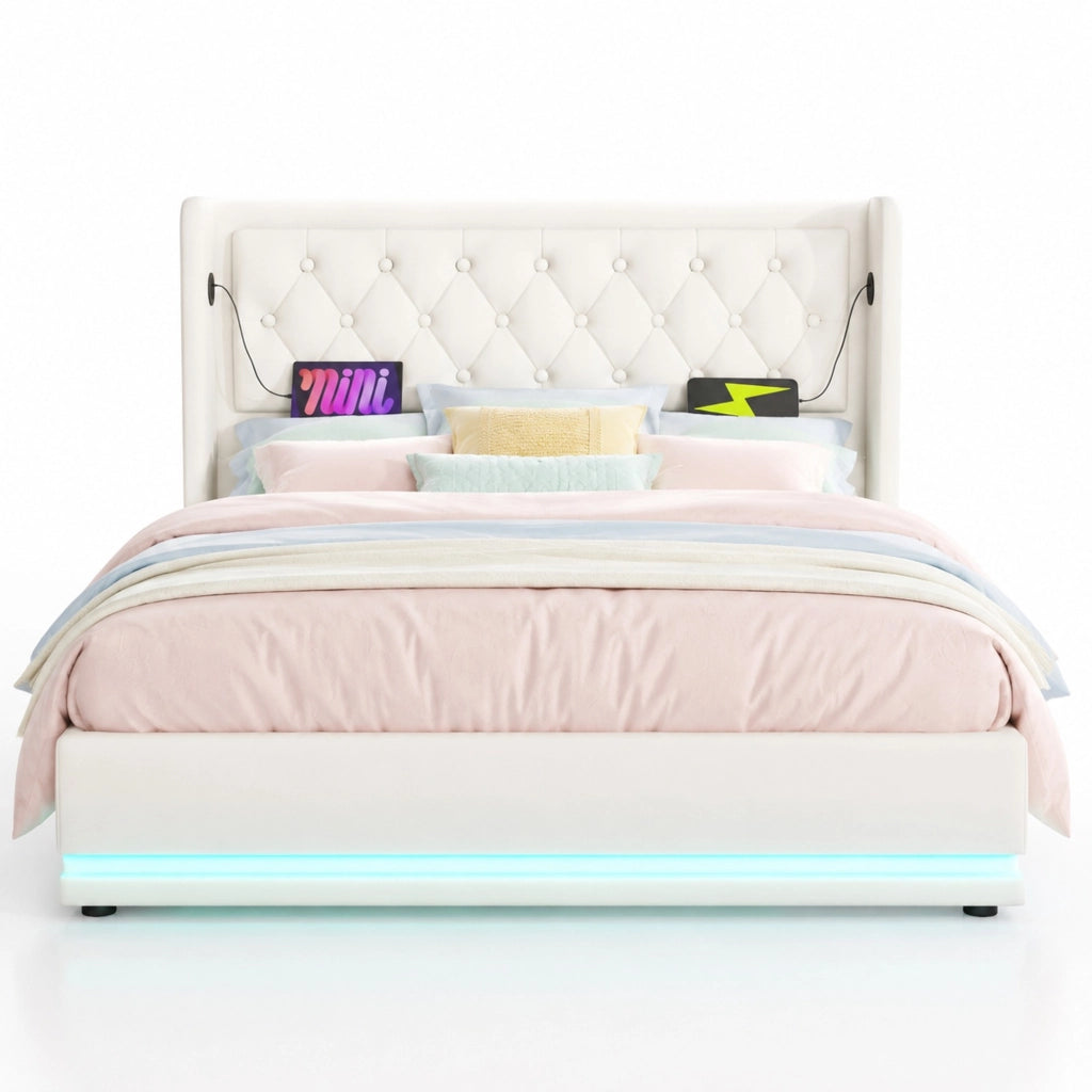 Letto matrimoniale 140x200 cm in PU bianco con contenitore, testiera imbottita, ricarica USB Type-C e LED a 3 lati