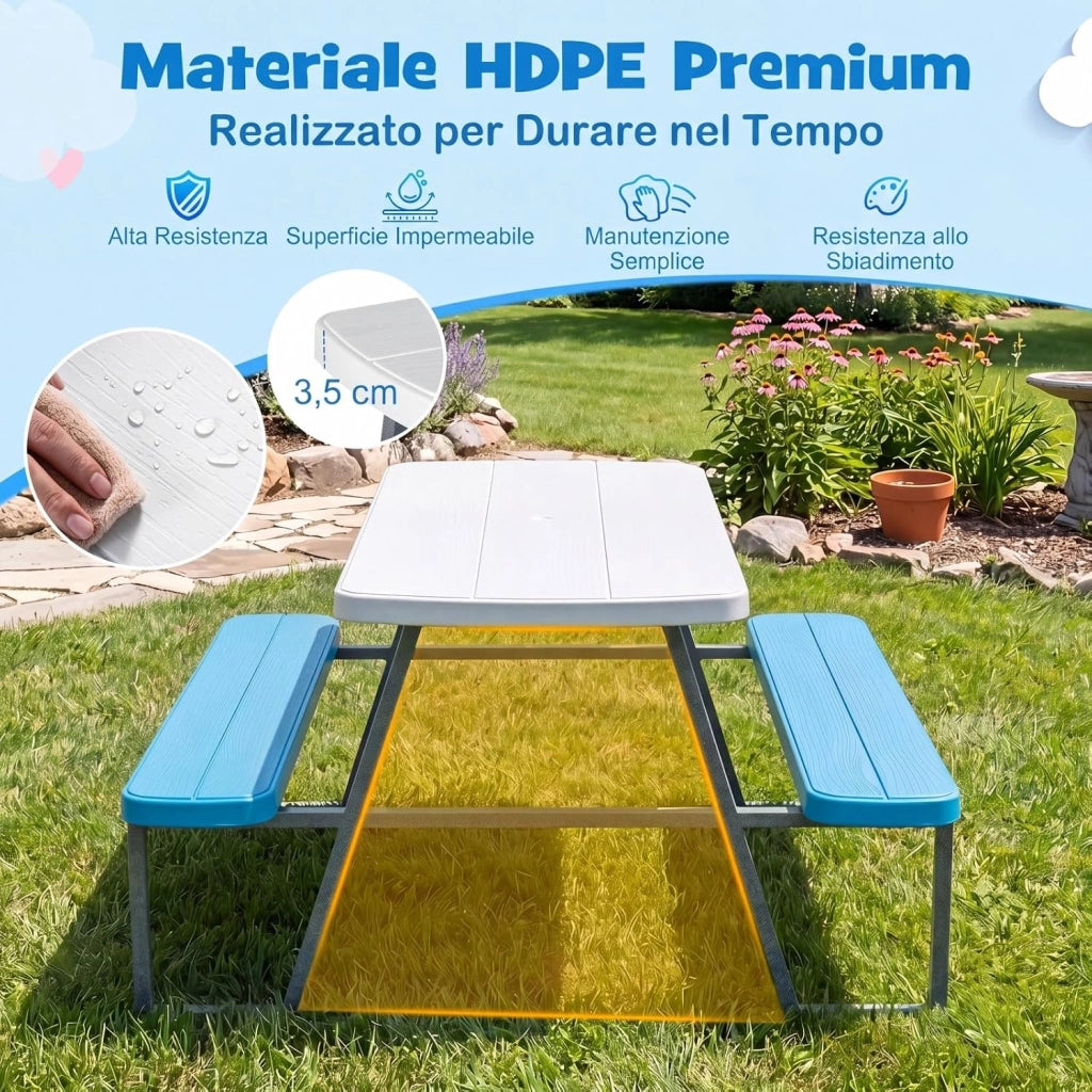 Tavolo da Picnic per Bambini, Set Tavolo e Panche da Giardino con Ombrellone Regolabile in Altezza, Struttura in Metallo e Borsa per Campeggio e Picnic per Bambini 3-8 Anni