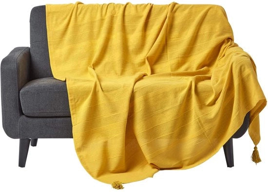 Bedsprei Rajput grande, giallo, 100% cotone, plaid a righe, 225 x 255 cm, copriletto a righe in RIPP-look