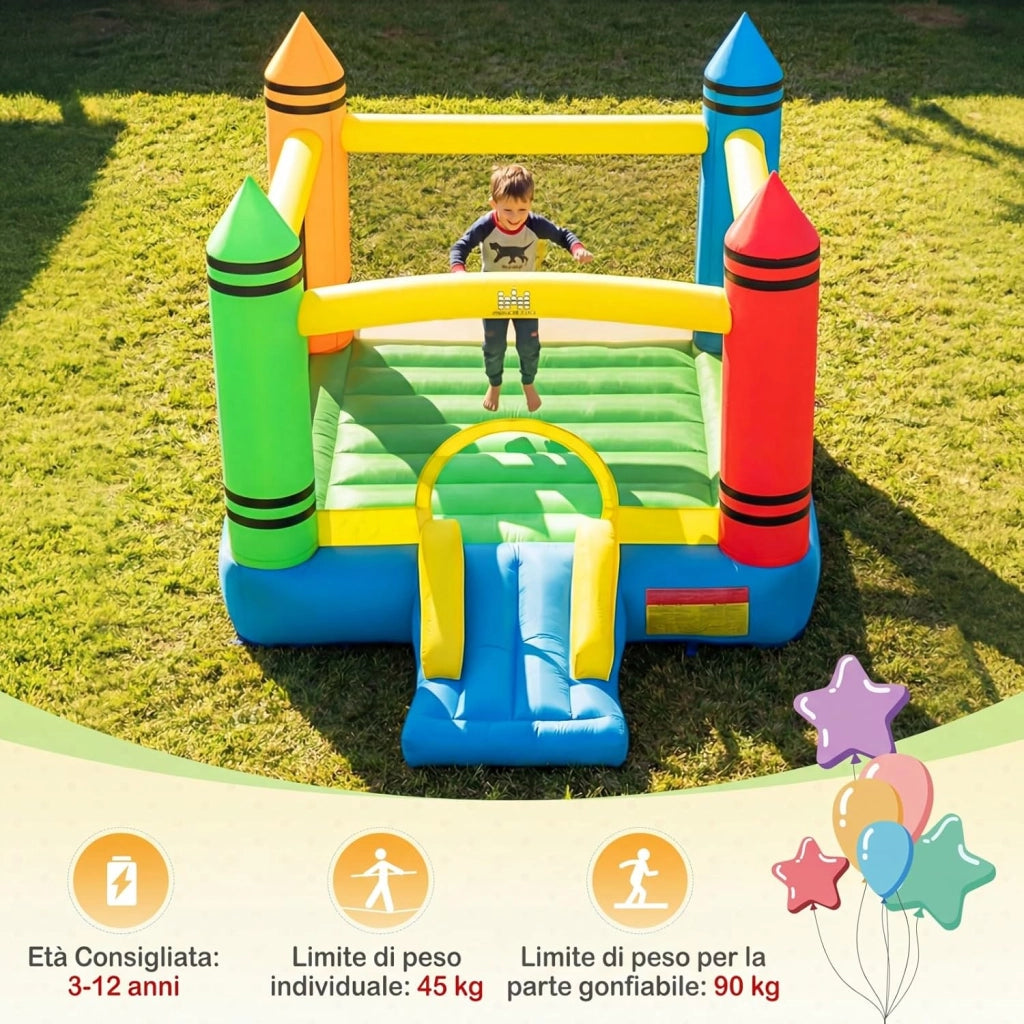 Castello Gonfiabile per Bambini, Casa Gonfiabile con Salto e Scivolo, Borsa di Trasporto e Kit di Riparazione, per 2 Bambini 3-12 Anni, Adatto per Esterno e Interno