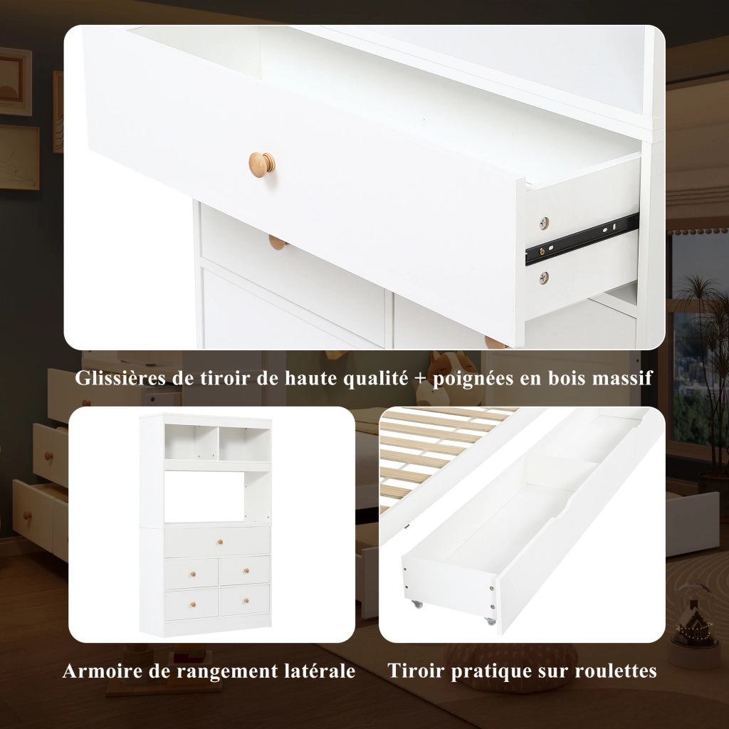 Letto singolo bianco con funzione contenitore in legno massello e mdf 90x200 cm