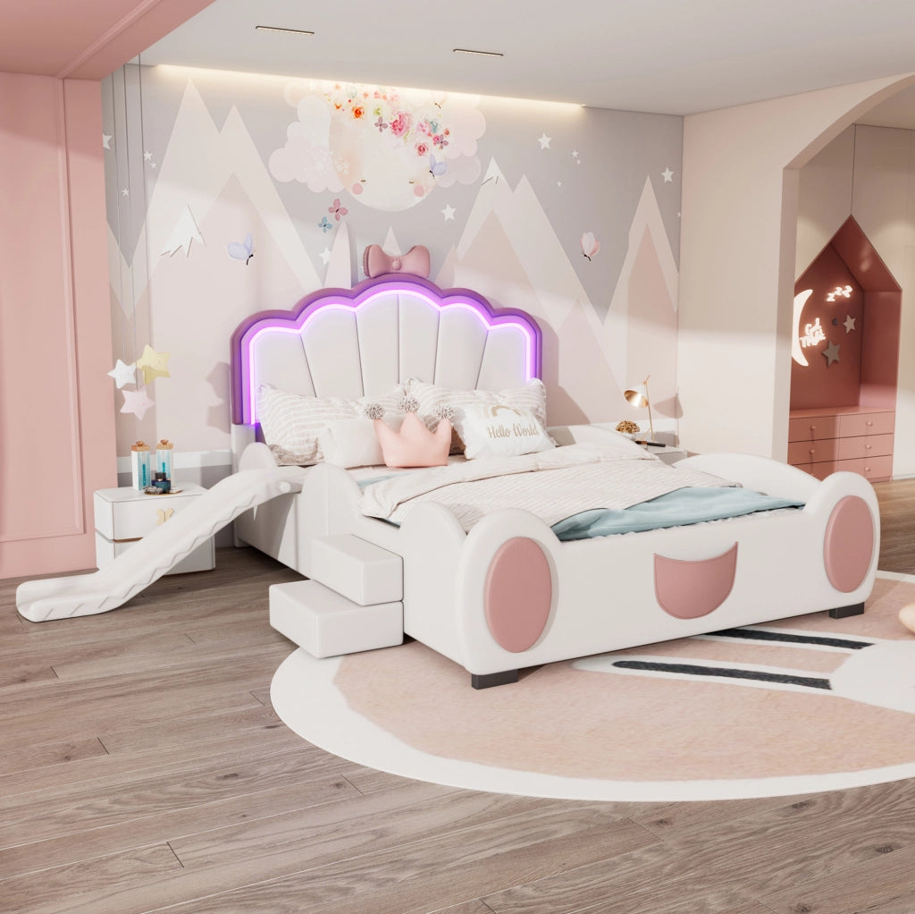 Letto bambino 140x200 cm a forma di farfalla con LED cambiacolore; PU rosa bianco