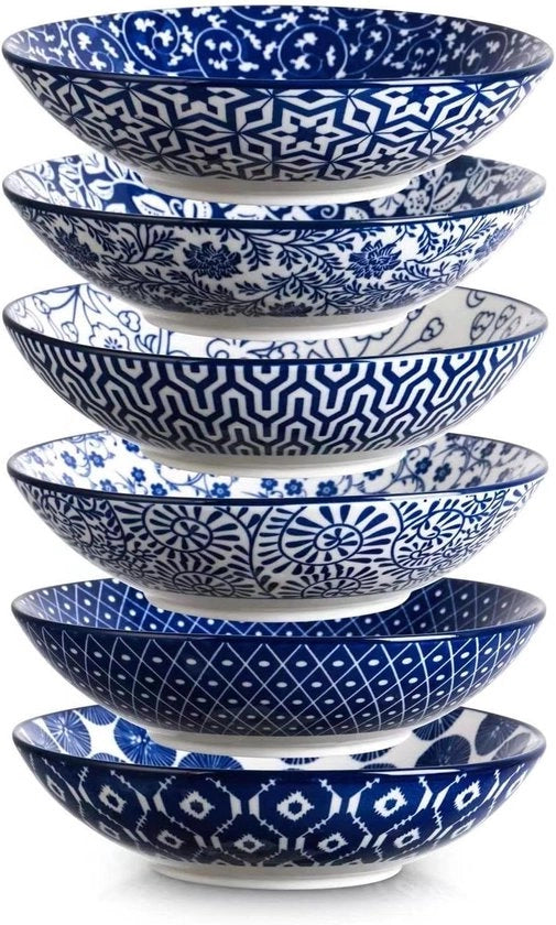 Set di Piatte in Ceramica Vintage Blu - Grande Dimensione - Confezione da 6 - Adatto per Microonde e Forno