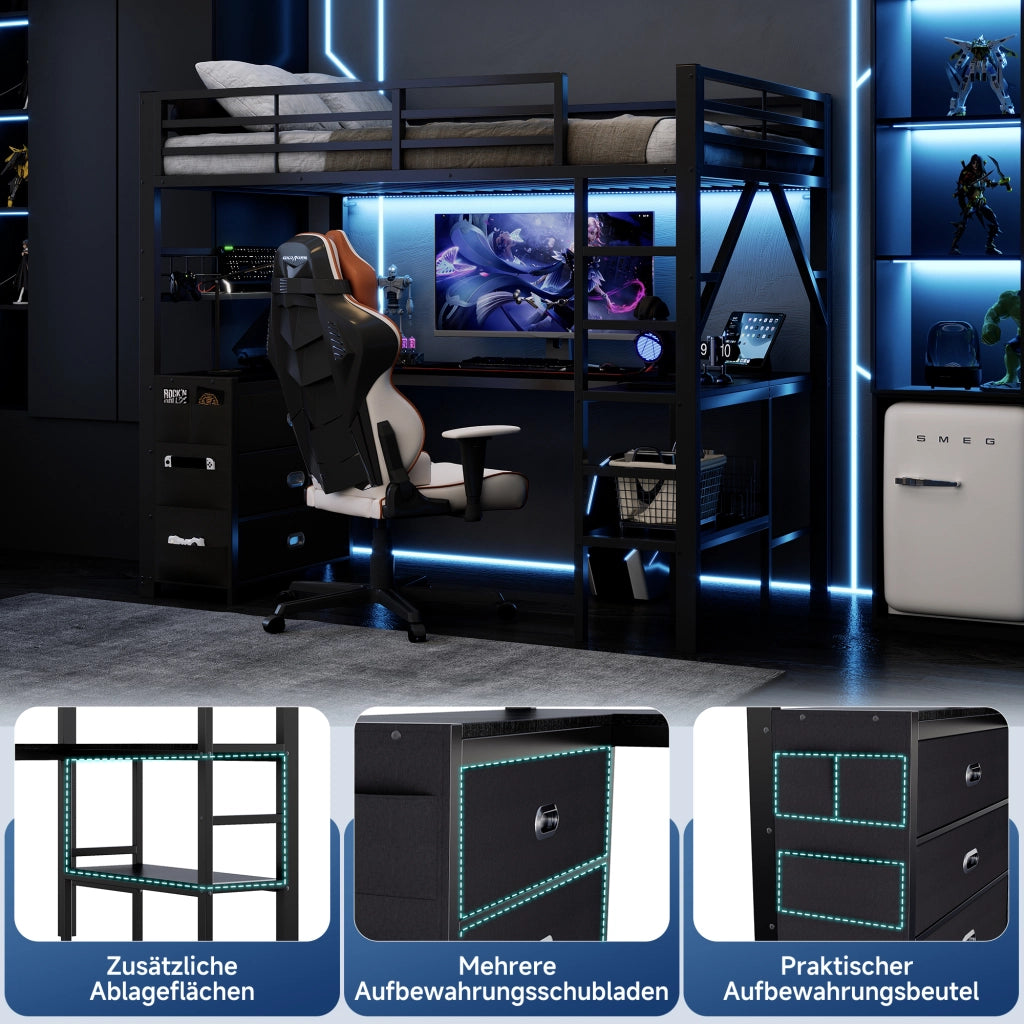 Letto a soppalco gaming 90x200 cm in metallo nero con scrivania e cassetti