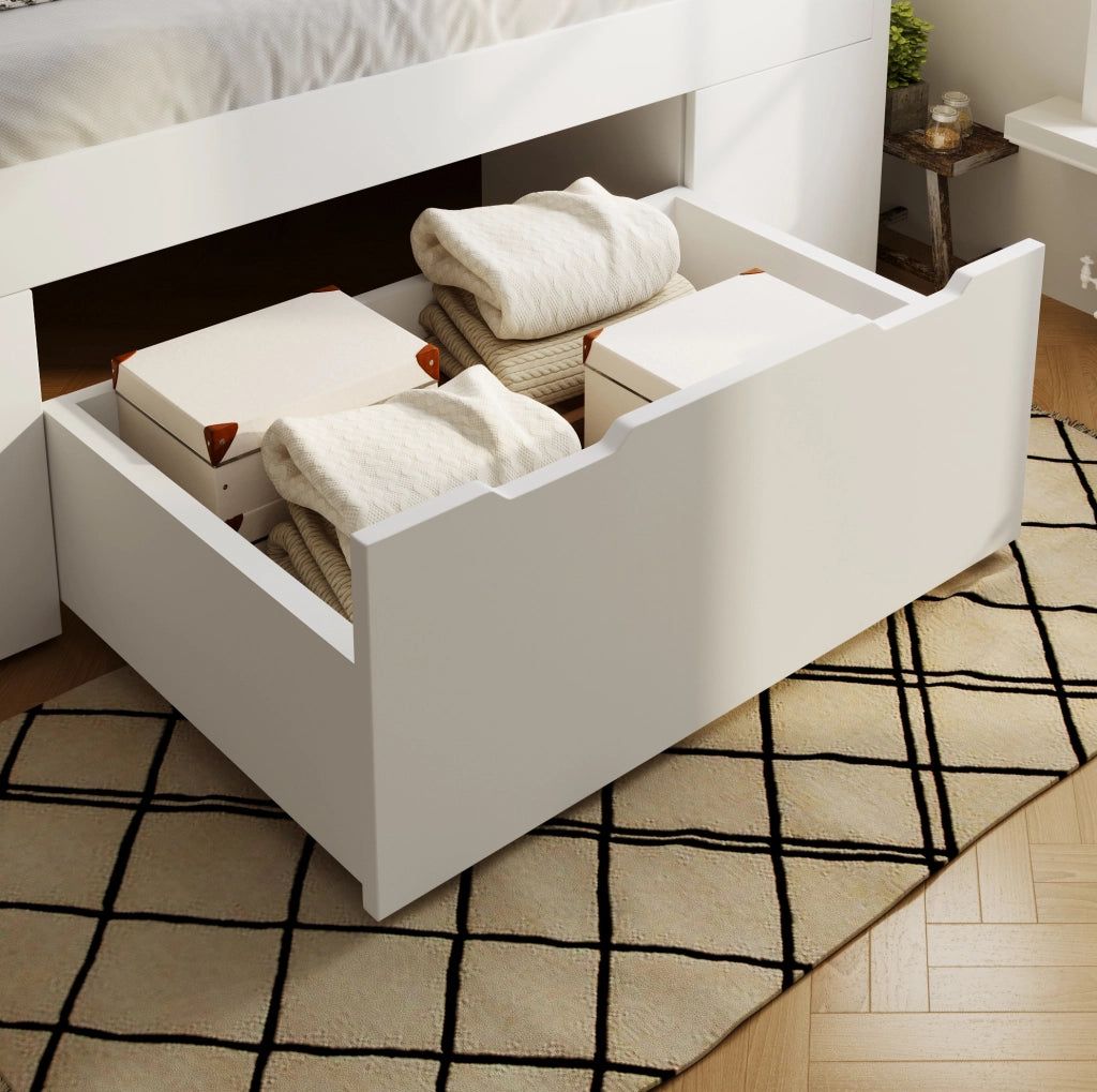 Letto matrimoniale 140x200 cm in legno bianco con LED; USB Type-C; comodini mobili e contenitore