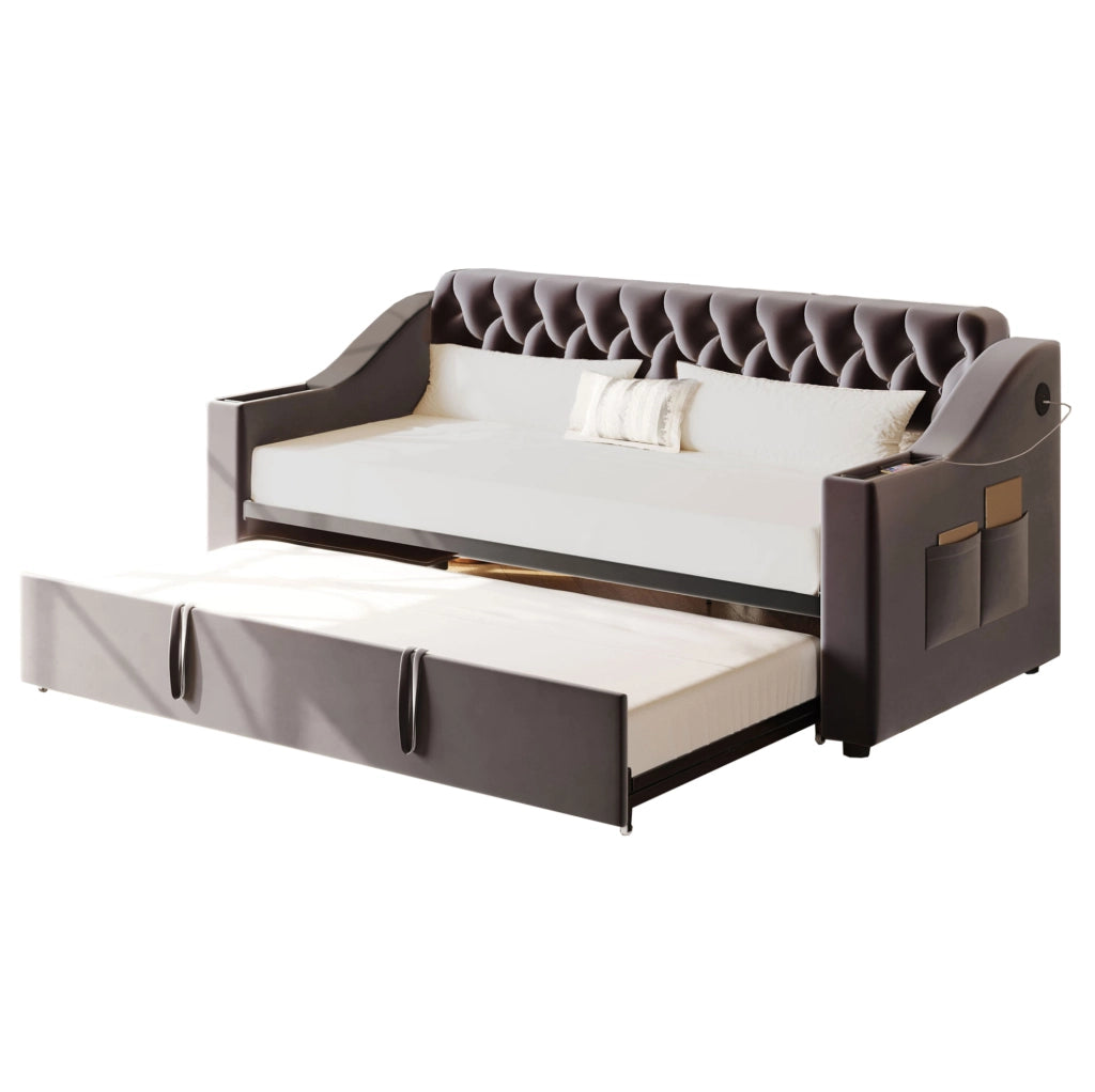 Divano letto imbottito estraibile 90x190 cm in velluto grigio con porte USB e vani contenitore