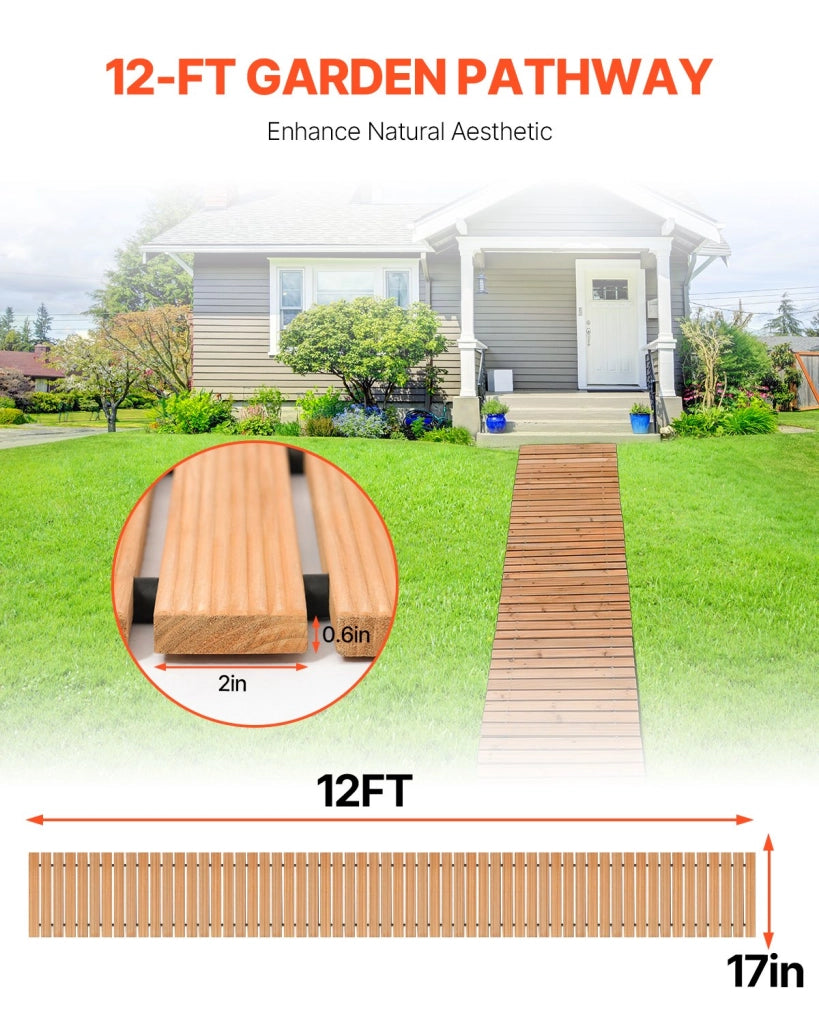 PW-S12 Sentiero da Giardino in Legno di Cedro Marrone 3,65 m x 43,18 cm Passerella Srotolabile Antiscivolo per Esterni