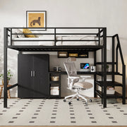 Letto a soppalco 140×200 cm con armadio; ripiani; scrivania e scala contenitore; senza materasso; metallo; nero