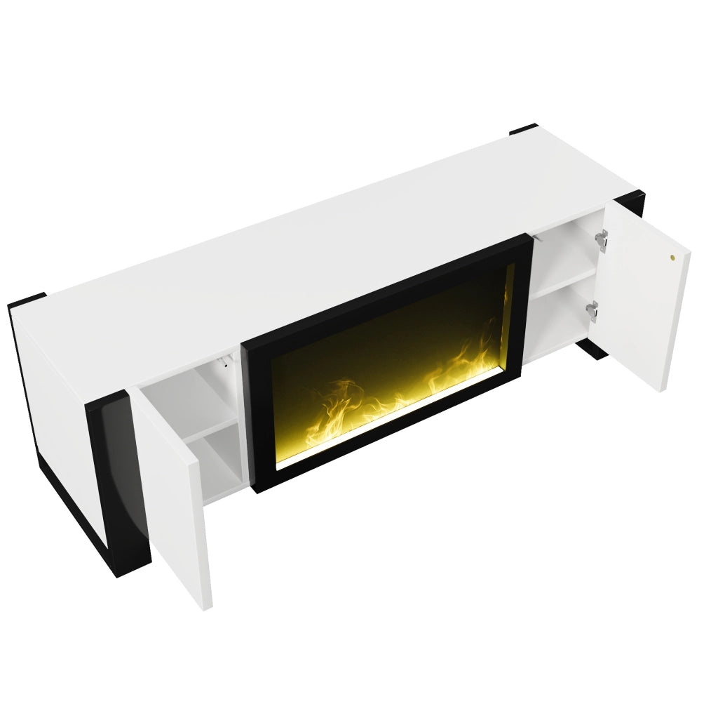 Mobile TV bianco e nero con camino elettrico decorativo 165 cm