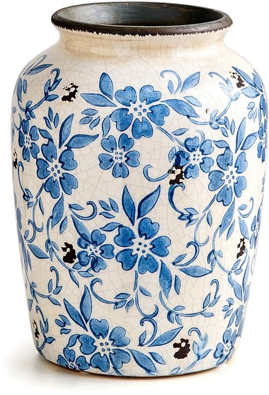 Vaso ceramico, porcellana bianca e blu, decorazione rustica per la casa, vaso da tavolo per fiori