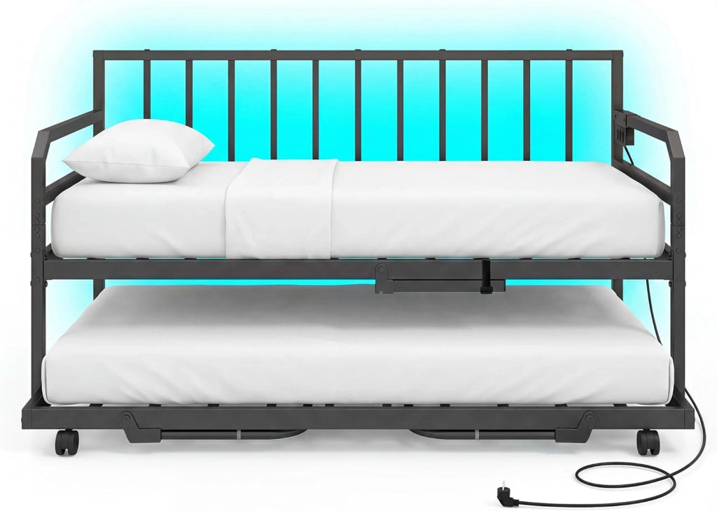 Struttura per divano letto estensibile a 2 posti, 90 x 200 cm, letto estraibile in metallo con luci a LED, stazione di ricarica, doghe resistenti, per soggiorno, camera da letto