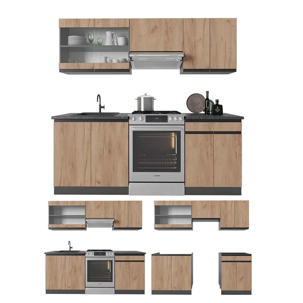 Cucina componibile R-Line Rovere dorato/Antracite 200 cm J-Shape, PL Rovere Vicco