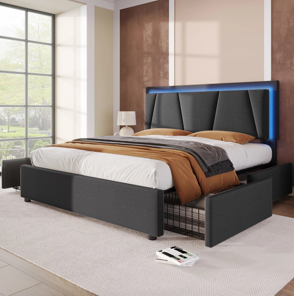 Letto imbottito 160 x 200 cm grigio con LED, 4 cassetti e materasso