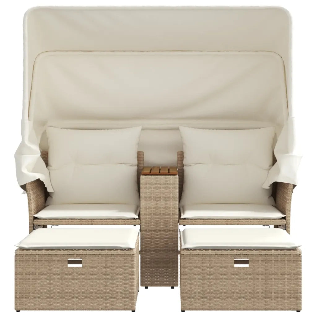Divano Giardino 2 Posti Baldacchino e Sgabelli Beige Polyrattan 365802