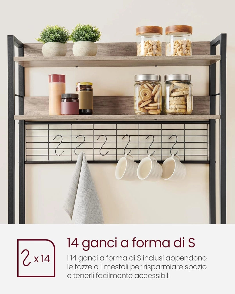 VASAGLE Scaffale Cucina con Multipresa, Scaffale per Microonde, Mobile Cucina, con Pannello a Rete Metallica, 14 Ganci, 40 x 80 x 170 cm, Greige e Nero KKS025B02EU