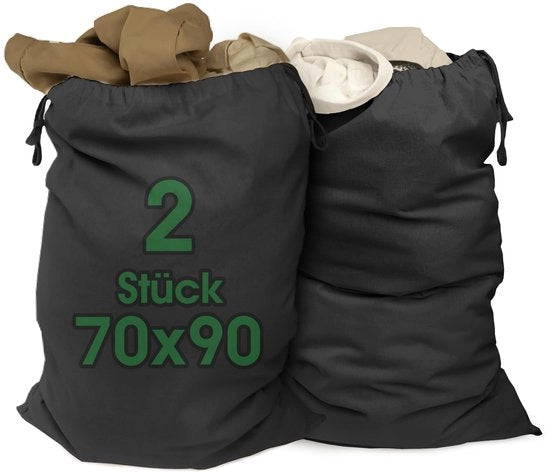 XXL Waszak Zwart 2 Stuks 70x90cm Fatto di 100% Cotone - XL Extra Grande Steggiato Waszak - Duraturo, Con Corda di Trasporto, Raccoglitore di Abiti Borsa di Stivaggio Spazio di Ripostiglio