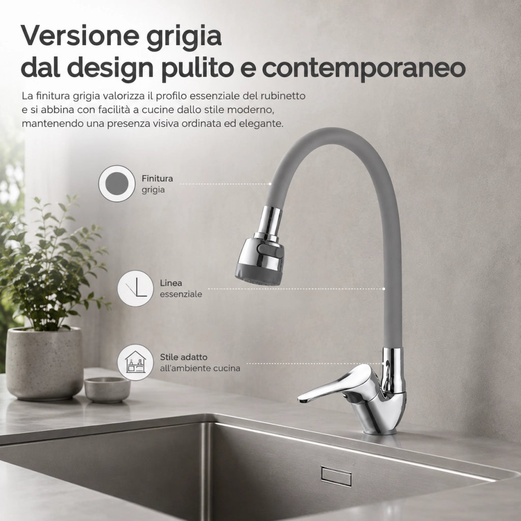 Rubinetto Cucina Doccetta 2 Getti Tubo Girevole Flessibile Silicone  Grigio