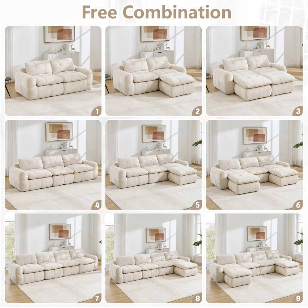 Divano modulare a 3 posti senza struttura in ciniglia con design trapuntato e cuscini morbidi per relax beige