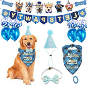 Attrezzatura per festa di compleanno del cane - cappello blu e bandana con cravatta a fiorellino - nastro di benvenuto per cani - decorazioni per cani.