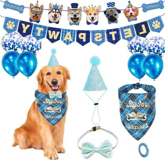 Attrezzatura per festa di compleanno del cane - cappello blu e bandana con cravatta a fiorellino - nastro di benvenuto per cani - decorazioni per cani.