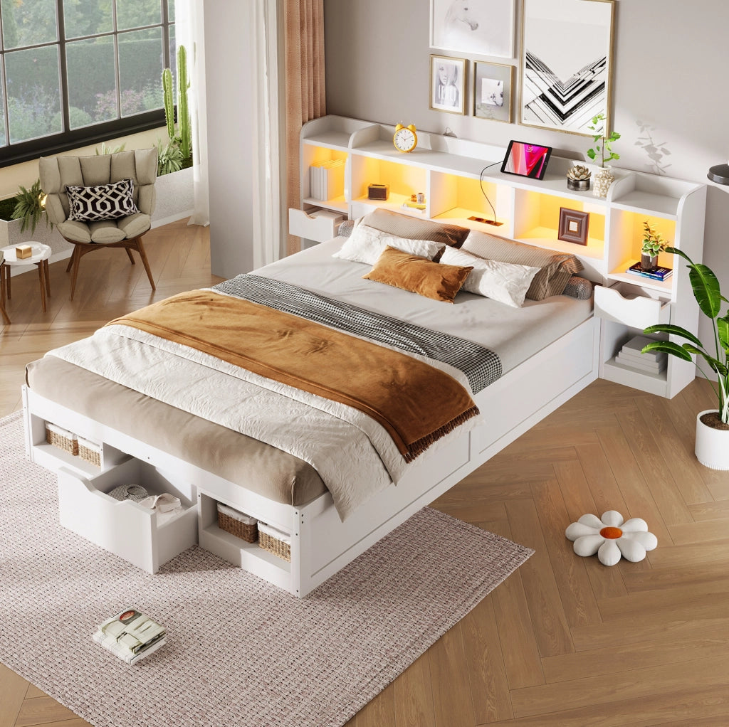 Letto piattaforma 140x200 cm con LED, USB e 3 cassetti in MDF e compensato bianco
