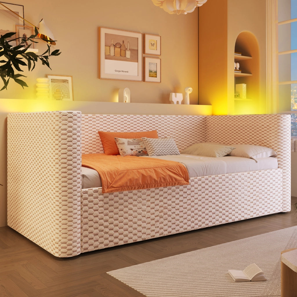 Letto giorno con illuminazione LED in velluto beige 90x200 cm