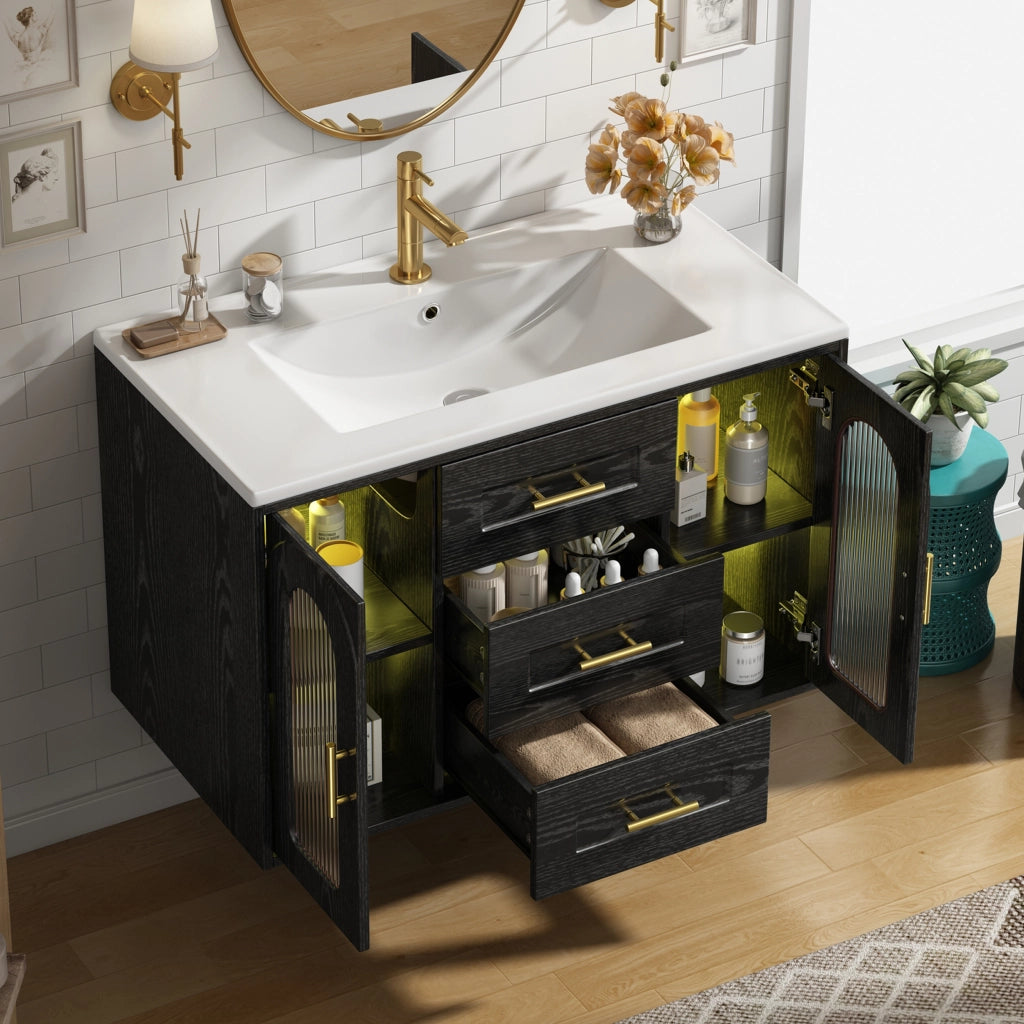 Mobile bagno sospeso con 2 cassetti; 2 vani e LED con lavabo; in MDF e vetro; nero; 76×46×55 cm