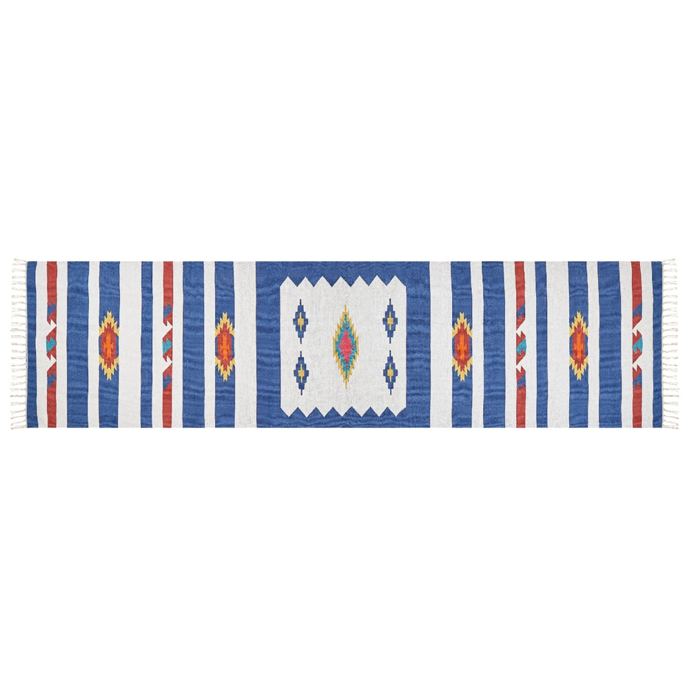 Tappeto Kilim multicolore in cotone 80 x 300 cm tessuto a mano a trama piatta reversibile con motivi geometrici e frange, tradizionale Boho, per il soggiorno e la camera da letto.